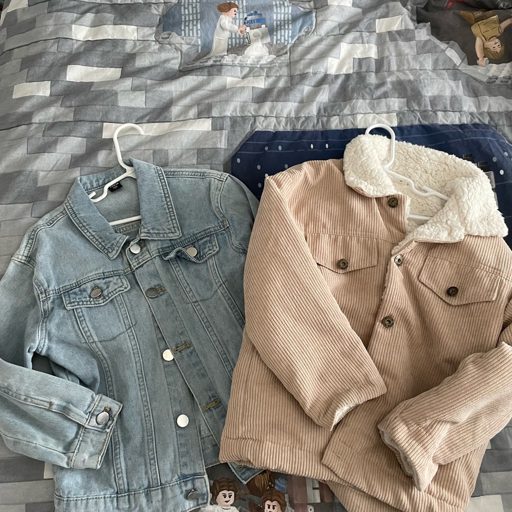 SHEIN Kids Light Blue Denim and Tan Corduroy Jacket Set